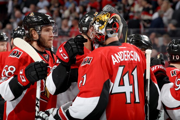 OTTAWA, ON - MAY 17:  Craig Anderson #41 of the Ottawa Senators celebrates with his teammates after defeating the Pittsburgh Penguins with a score of 5 to 1 in Game Three of the Eastern Conference Final during the 2017 NHL Stanley Cup Playoffs at Canadian Tire Centre on May 17, 2017 in Ottawa, Canada.  (Photo by Jana Chytilova/Freestyle Photo/Getty Images)