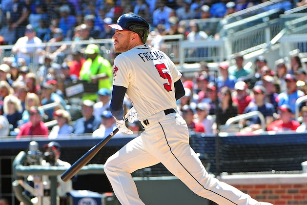 ATLANTA, GA - MAY 7: Freddie Freeman #5 of the Atlanta Braves knocks in a run with a sixth inning double against the St. Louis Cardinals at SunTrust Park on May 7, 2017 in Atlanta, Georgia. (Photo by Scott Cunningham/Getty Images)