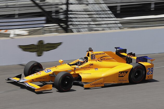 Fernando Alonso, of Spain, drives during a practice session for the Indianapolis 500 IndyCar auto race at Indianapolis Motor Speedway, Monday, May 15, 2017 in Indianapolis. (AP Photo/Darron Cummings)