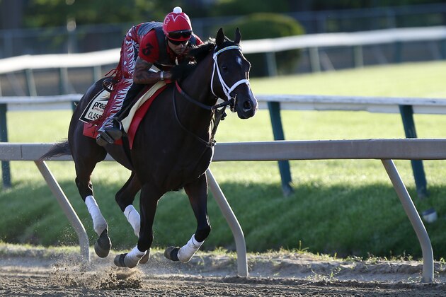 May 16, 2017; Baltimore, MD, USA; Classic Empire gallops on the track during morning workouts in preparation for the 142nd Preakness Stakes at Pimlico Race Course. Mandatory Credit: Geoff Burke-USA TODAY Sports