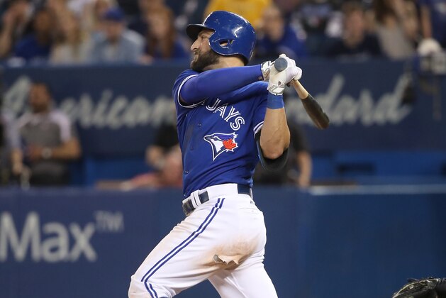 TORONTO, ON - APRIL 28: Kevin Pillar #11 of the Toronto Blue Jays hits a double in the ninth inning during MLB game action against the Tampa Bay Rays at Rogers Centre on April 28, 2017 in Toronto, Canada. (Photo by Tom Szczerbowski/Getty Images)