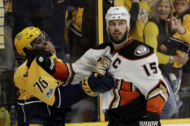 Nashville Predators defenseman P.K. Subban (76) and Anaheim Ducks center Ryan Getzlaf (15) scuffle after the conclusion of Game 3 of the Western Conference final in the NHL hockey Stanley Cup playoffs Tuesday, May 16, 2017, in Nashville, Tenn. The Predators won 2-1. (AP Photo/Mark Humphrey)