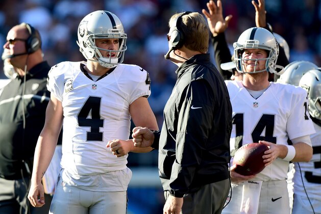SAN DIEGO, CA - DECEMBER 18:  Derek Carr #4 of the Oakland Raiders talks with head coach Jack Del Rio during a video replay challenge resulting in a touchdown to  Michael Crabtree #15 during the second quarter against the San Diego Chargers at Qualcomm Stadium on December 18, 2016 in San Diego, California.  (Photo by Harry How/Getty Images)