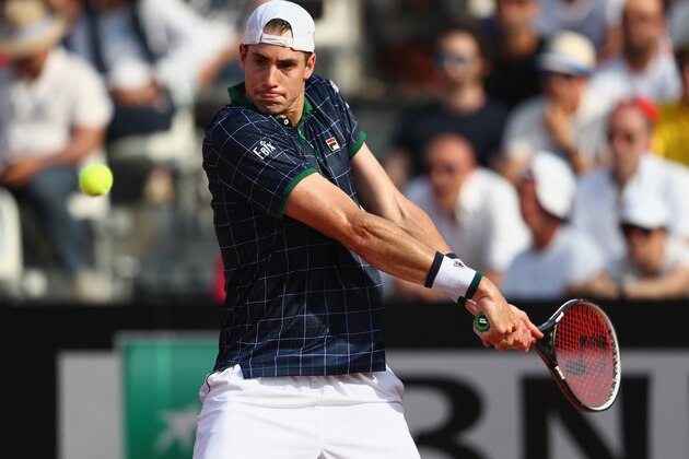 ROME, ITALY - MAY 18:  John Isner of USA in action during the men's third round match against Stan Wawrinka of Switzerland on Day Five of the Internazionali BNL d'Italia 2017 at the Foro Italico on May 18, 2017 in Rome, Italy.  (Photo by Michael Steele/Getty Images)