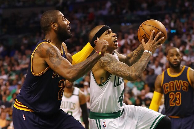 BOSTON, MA - MAY 17: Isaiah Thomas #4 of the Boston Celtics drives to the basket against Kyrie Irving #2 of the Cleveland Cavaliers in the second half during Game One of the 2017 NBA Eastern Conference Finals at TD Garden on May 17, 2017 in Boston, Massachusetts. NOTE TO USER: User expressly acknowledges and agrees that, by downloading and or using this photograph, User is consenting to the terms and conditions of the Getty Images License Agreement. (Photo by Elsa/Getty Images) BOSTON, MA - MAY 17: Isaiah Thomas #4 of the Boston Celtics drives to the basket against Kyrie Irving #2 of the Cleveland Cavaliers in the second half during Game One of the 2017 NBA Eastern Conference Finals at TD Garden on May 17, 2017 in Boston, Massachusetts. NOTE TO USER: User expressly acknowledges and agrees that, by downloading and or using this photograph, User is consenting to the terms and conditions of the Getty Images License Agreement. (Photo by Elsa/Getty Images)