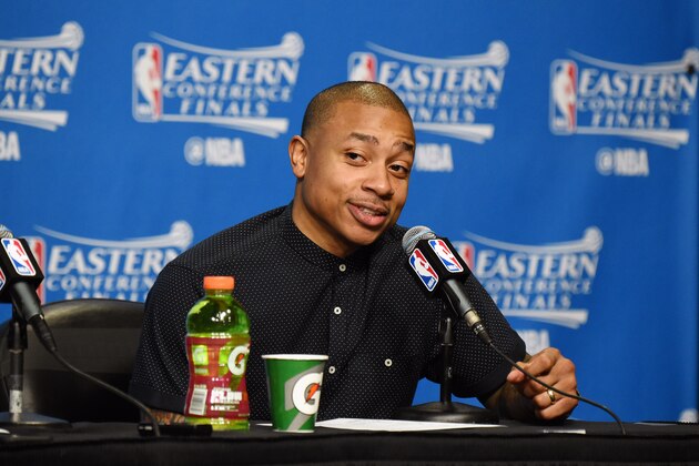 BOSTON, MA - MAY 17: Isaiah Thomas #4 of the Boston Celtics talks with the press after the game against the Cleveland Cavaliers during Game One of the Eastern Conference Finals of the 2017 NBA Playoffs on May 17, 2017 at the TD Garden in Boston, Massachusetts.  NOTE TO USER: User expressly acknowledges and agrees that, by downloading and or using this photograph, User is consenting to the terms and conditions of the Getty Images License Agreement. Mandatory Copyright Notice: Copyright 2017 NBAE  (Photo by Brian Babineau/NBAE via Getty Images)