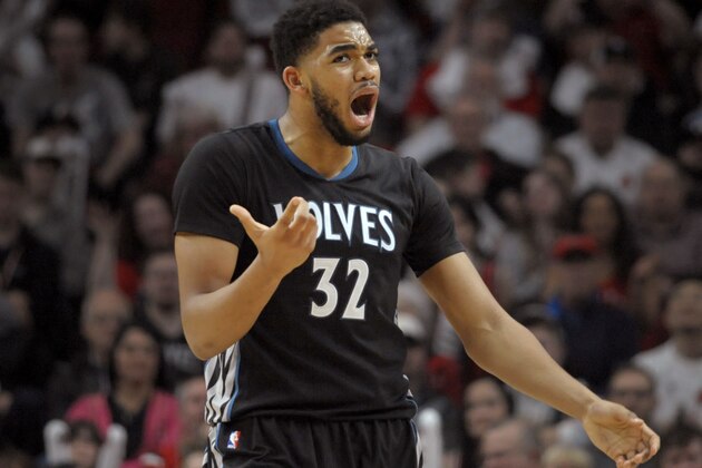 Minnesota Timberwolves center Karl-Anthony Towns reacts to an official's call during the second half of the team's NBA basketball game against the Portland Trail Blazers in Portland, Ore., Thursday, April 6, 2017. The Blazers won 105-98. (AP Photo/Steve Dykes)