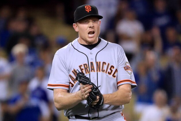 LOS ANGELES, CA - MAY 03:  Mark Melancon #41 of the San Francisco Giants celebrates the final Los Angeles Dodgers out for a 4-1 win during the 11th inning at Dodger Stadium on May 3, 2017 in Los Angeles, California.  (Photo by Harry How/Getty Images)