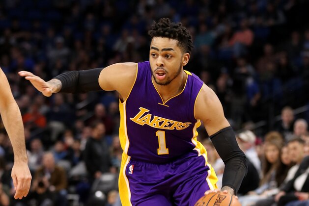 MINNEAPOLIS, MN -  MARCH 30: D'Angelo Russell #1 of the Los Angeles Lakers handles the ball against the Minnesota Timberwolves on March 30, 2017 at Target Center in Minneapolis, Minnesota. NOTE TO USER: User expressly acknowledges and agrees that, by downloading and or using this Photograph, user is consenting to the terms and conditions of the Getty Images License Agreement. Mandatory Copyright Notice: Copyright 2017 NBAE (Photo by Jordan Johnson/NBAE via Getty Images)