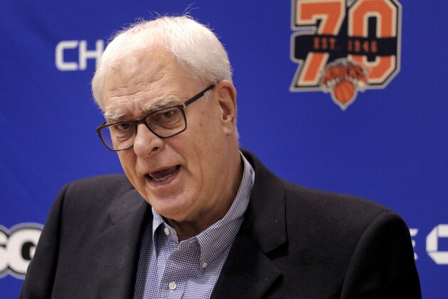 New York Knicks president Phil Jackson answers questions during a news conference at the team's training facility, Friday, April 14, 2017, in Greenburgh, N.Y. (AP Photo/Julie Jacobson)