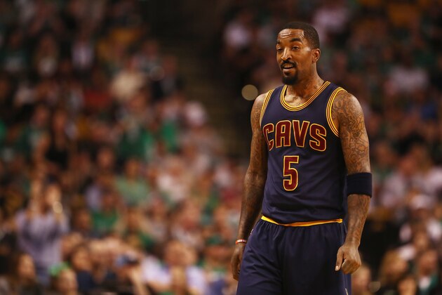 BOSTON, MA - MAY 17:  JR Smith #5 of the Cleveland Cavaliers reacts in the first half against the Boston Celtics during Game One of the 2017 NBA Eastern Conference Finals at TD Garden on May 17, 2017 in Boston, Massachusetts. NOTE TO USER: User expressly acknowledges and agrees that, by downloading and or using this photograph, User is consenting to the terms and conditions of the Getty Images License Agreement.  (Photo by Elsa/Getty Images)