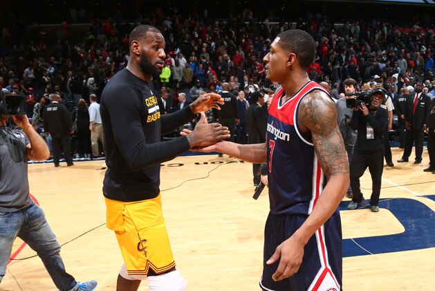 WASHINGTON, DC - FEBRUARY 6:  LeBron James #23 of the Cleveland Cavaliers and Bradley Beal #3 of the Washington Wizards during the game on February 6, 2017 at Verizon Center in Washington, DC. NOTE TO USER: User expressly acknowledges and agrees that, by downloading and or using this Photograph, user is consenting to the terms and conditions of the Getty Images License Agreement. Mandatory Copyright Notice: Copyright 2017 NBAE (Photo by Ned Dishman/NBAE via Getty Images)