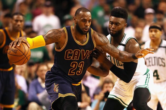 BOSTON, MA - MAY 17:  LeBron James #23 of the Cleveland Cavaliers handles the ball in the second half against the Boston Celtics during Game One of the 2017 NBA Eastern Conference Finals at TD Garden on May 17, 2017 in Boston, Massachusetts. NOTE TO USER: User expressly acknowledges and agrees that, by downloading and or using this photograph, User is consenting to the terms and conditions of the Getty Images License Agreement.  (Photo by Elsa/Getty Images)