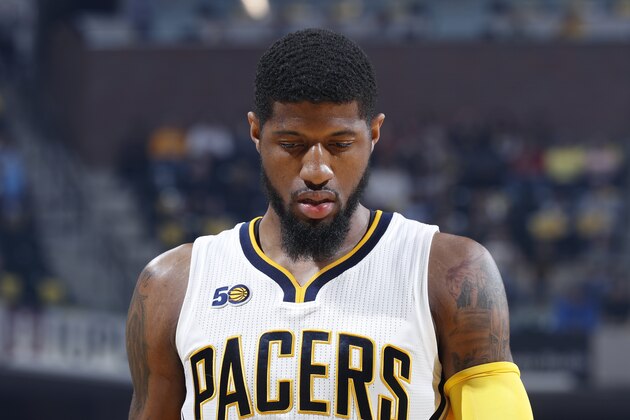 INDIANAPOLIS, IN - APRIL 23: Paul George #13 of the Indiana Pacers reacts against the Cleveland Cavaliers in Game Four of the Eastern Conference Quarterfinals during the 2017 NBA Playoffs at Bankers Life Fieldhouse on April 23, 2017 in Indianapolis, Indiana. The Cavaliers defeated the Pacers 106-102 to sweep the series 4-0. NOTE TO USER: User expressly acknowledges and agrees that, by downloading and or using the photograph, User is consenting to the terms and conditions of the Getty Images License Agreement. (Photo by Joe Robbins/Getty Images)