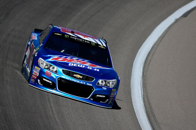 KANSAS CITY, KS - MAY 12:  Dale Earnhardt Jr., driver of the #88 Mountain Dew DEW-S-A Chevrolet, practices for the Monster Energy NASCAR Cup Series Go Bowling 400 at Kansas Speedway on May 12, 2017 in Kansas City, Kansas.  (Photo by Chris Trotman/Getty Images)