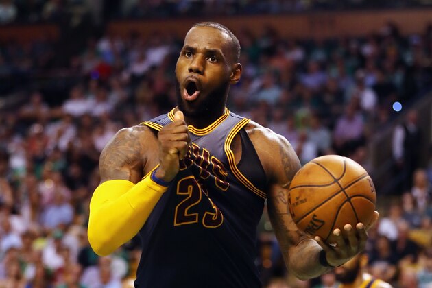 BOSTON, MA - MAY 17:  LeBron James #23 of the Cleveland Cavaliers reacts in the second half against the Boston Celtics during Game One of the 2017 NBA Eastern Conference Finals at TD Garden on May 17, 2017 in Boston, Massachusetts. NOTE TO USER: User expressly acknowledges and agrees that, by downloading and or using this photograph, User is consenting to the terms and conditions of the Getty Images License Agreement.  (Photo by Elsa/Getty Images)