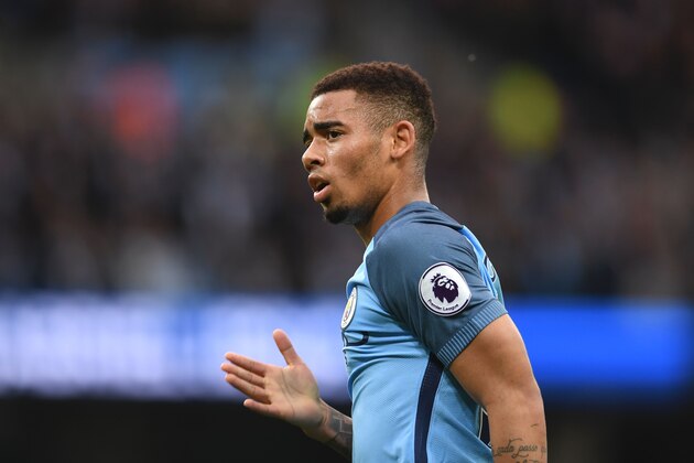 Manchester City's Brazilian striker Gabriel Jesus reacts after scoring the opening goal during the English Premier League football match between Manchester City and West Bromwich Albion at the Etihad Stadium in Manchester, north west England, on May 16, 2017. / AFP PHOTO / Paul ELLIS / RESTRICTED TO EDITORIAL USE. No use with unauthorized audio, video, data, fixture lists, club/league logos or 'live' services. Online in-match use limited to 75 images, no video emulation. No use in betting, games or single club/league/player publications.  /         (Photo credit should read PAUL ELLIS/AFP/Getty Images)