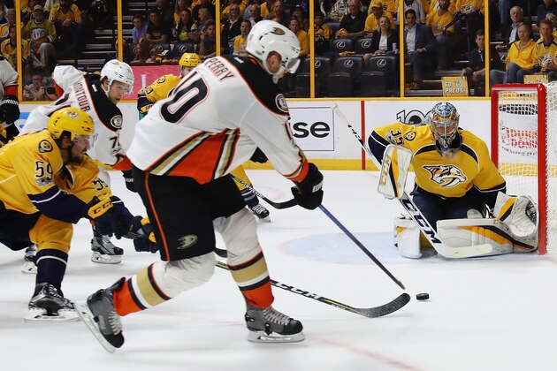 NASHVILLE, TN - MAY 18: Corey Perry #10 of the Anaheim Ducks shoots the puck against Pekka Rinne #35 of the Nashville Predators during the second period in Game Four of the Western Conference Final during the 2017 Stanley Cup Playoffs at Bridgestone Arena on May 18, 2017 in Nashville, Tennessee. (Photo by Bruce Bennett/Getty Images) NASHVILLE, TN - MAY 18: Corey Perry #10 of the Anaheim Ducks shoots the puck against Pekka Rinne #35 of the Nashville Predators during the second period in Game Four of the Western Conference Final during the 2017 Stanley Cup Playoffs at Bridgestone Arena on May 18, 2017 in Nashville, Tennessee. (Photo by Bruce Bennett/Getty Images)