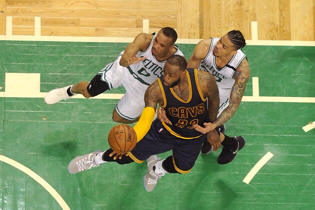 BOSTON, MA - MAY 17: LeBron James #23 of the Cleveland Cavaliers goes for a lay up during the game against the Boston Celtics during Game One of the Eastern Conference Finals of the 2017 NBA Playoffs on May 17, 2017 at the TD Garden in Boston, Massachusetts.  NOTE TO USER: User expressly acknowledges and agrees that, by downloading and or using this photograph, User is consenting to the terms and conditions of the Getty Images License Agreement. Mandatory Copyright Notice: Copyright 2017 NBAE  (Photo by Steve Babineau/NBAE via Getty Images)