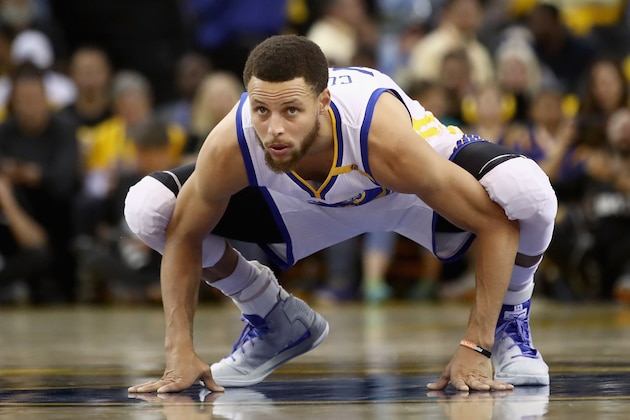 OAKLAND, CA - MAY 16:  Stephen Curry #30 of the Golden State Warriors squats on the court during their game against the San Antonio Spurs at ORACLE Arena on May 16, 2017 in Oakland, California.  NOTE TO USER: User expressly acknowledges and agrees that, by downloading and or using this photograph, User is consenting to the terms and conditions of the Getty Images License Agreement.  (Photo by Ezra Shaw/Getty Images)