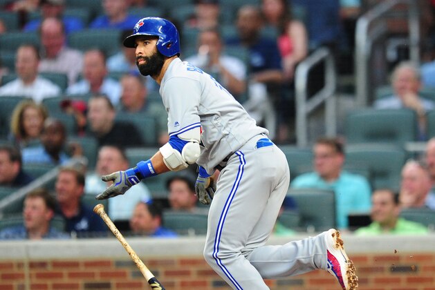 ATLANTA, GA - MAY 18: Jose Bautista #19 of the Toronto Blue Jays hits a third inning double against the Atlanta Braves at SunTrust Park on May 18, 2017 in Atlanta, Georgia. (Photo by Scott Cunningham/Getty Images)
