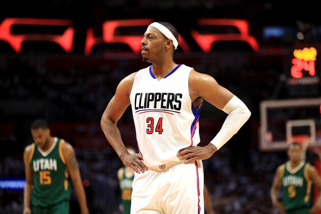 LOS ANGELES, CA - APRIL 30:  Paul Pierce #34 of the Los Angeles Clippers looks on during the second half of Game Seven of the Western Conference Quarterfinals against the Utah Jazz  at Staples Center at Staples Center on April 30, 2017 in Los Angeles, California.  NOTE TO USER: User expressly acknowledges and agrees that, by downloading and or using this photograph, User is consenting to the terms and conditions of the Getty Images License Agreement.  (Photo by Sean M. Haffey/Getty Images)