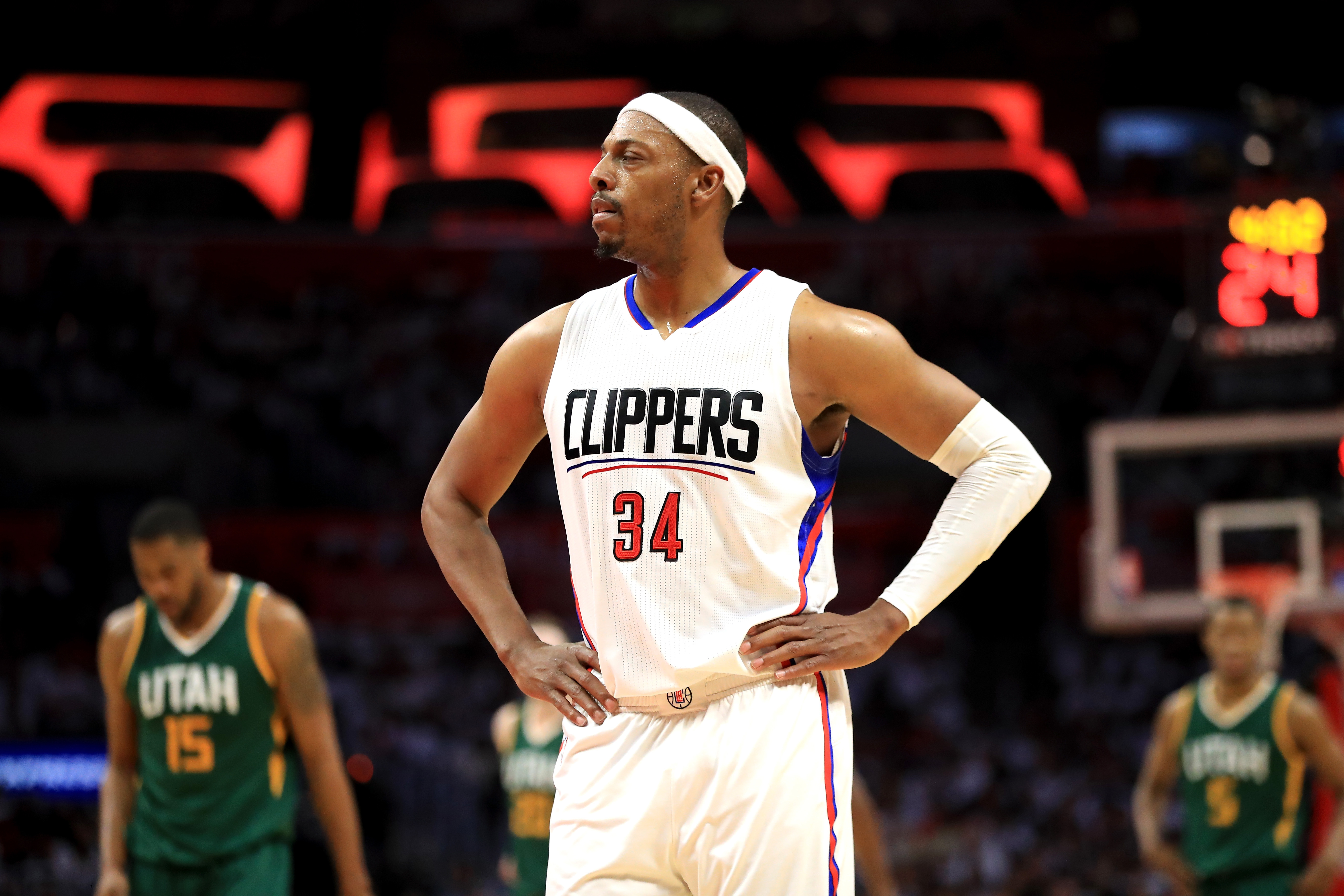 LOS ANGELES, CA - APRIL 30:  Paul Pierce #34 of the Los Angeles Clippers looks on during the second half of Game Seven of the Western Conference Quarterfinals against the Utah Jazz  at Staples Center at Staples Center on April 30, 2017 in Los Angeles, California.  NOTE TO USER: User expressly acknowledges and agrees that, by downloading and or using this photograph, User is consenting to the terms and conditions of the Getty Images License Agreement.  (Photo by Sean M. Haffey/Getty Images)