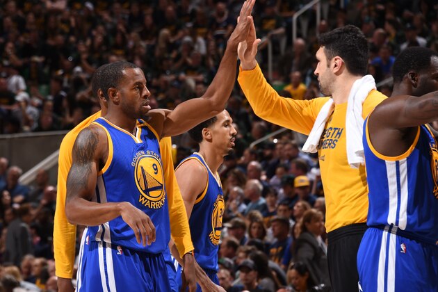 SALT LAKE CITY, UT - MAY 8:  Andre Iguodala #9 and Zaza Pachulia #27 of the Golden State Warriors high five during the game against the Utah Jazz during Game Four of the Western Conference Semifinals of the 2017 NBA Playoffs on May 8, 2017 at vivint.SmartHome Arena in Salt Lake City, Utah. NOTE TO USER: User expressly acknowledges and agrees that, by downloading and/or using this Photograph, user is consenting to the terms and conditions of the Getty Images License Agreement. Mandatory Copyright Notice: Copyright 2017 NBAE (Photo by Andrew D. Bernstein/NBAE via Getty Images)