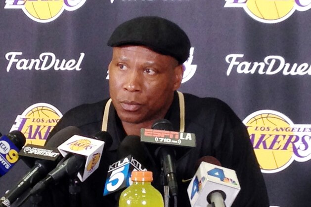 Los Angeles Lakers head coach Byron Scott speaks to reporters at team headquarters in El Segundo, Calif., Friday, April 15, 2016. With Kobe Bryant's $25 million salary, ravenous shot selection and dominant personality gone from the basketball team after 20 years, Scott expects to be a part of the Lakers' life after Bryant. Scott said he anticipates returning to the team next season despite presiding over the two worst years in the history of the 16-time NBA champion franchise. (AP Photo/Greg Beacham)