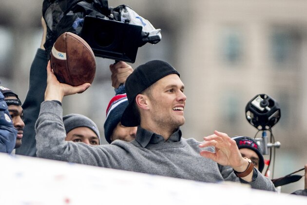 BOSTON, MA - FEBRUARY 07: Tom Brady of the New England Patriots celebrates during the Super Bowl victory parade on February 7, 2017 in Boston, Massachusetts. The Patriots defeated the Atlanta Falcons 34-28 in overtime in Super Bowl 51. (Photo by Billie Weiss/Getty Images)