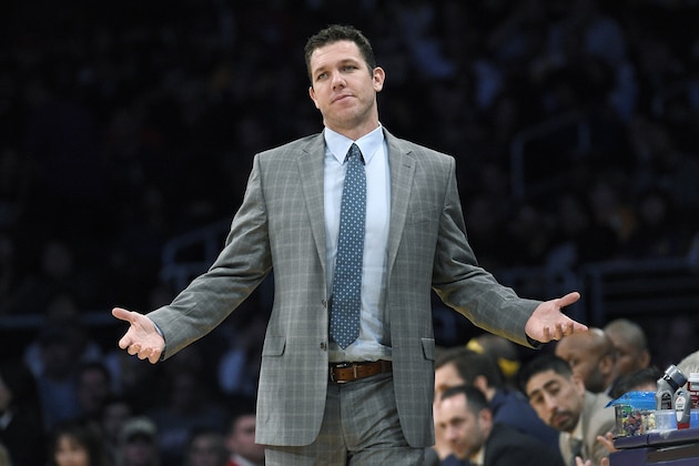 LOS ANGELES, CA - APRIL 7: Head coach Luke Walton of the Los Angeles Lakers reacts from the bench during the second half of the basketball game against Sacramento Kings at Staples Center April 7, 2017, in Los Angeles, California. NOTE TO USER: User expressly acknowledges and agrees that, by downloading and or using this photograph, User is consenting to the terms and conditions of the Getty Images License Agreement. (Photo by Kevork Djansezian/Getty Images)