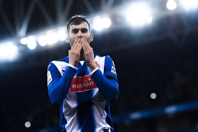 BARCELONA, SPAIN - DECEMBER 11:  Leo Baptistao of RCD Espanyol celebrates after scoring his team's second goal during the La Liga match between RCD Espanyol and Real Sporting de Gijon at Cornella-El Prat stadium on December 11, 2016 in Barcelona, Spain.  (Photo by David Ramos/Getty Images)