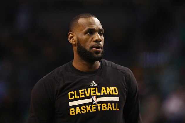 BOSTON, MA - MAY 17:  LeBron James #23 of the Cleveland Cavaliers looks on prior to Game One of the 2017 NBA Eastern Conference Finals against the Boston Celtics at TD Garden on May 17, 2017 in Boston, Massachusetts. NOTE TO USER: User expressly acknowledges and agrees that, by downloading and or using this photograph, User is consenting to the terms and conditions of the Getty Images License Agreement.  (Photo by Elsa/Getty Images)
