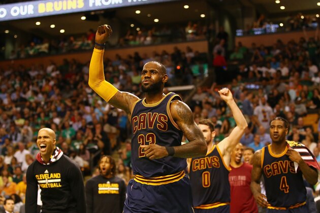BOSTON, MA - MAY 19:  LeBron James #23 of the Cleveland Cavaliers reacts in the first half against the Boston Celtics during Game Two of the 2017 NBA Eastern Conference Finals at TD Garden on May 19, 2017 in Boston, Massachusetts. NOTE TO USER: User expressly acknowledges and agrees that, by downloading and or using this photograph, User is consenting to the terms and conditions of the Getty Images License Agreement.  (Photo by Adam Glanzman/Getty Images)