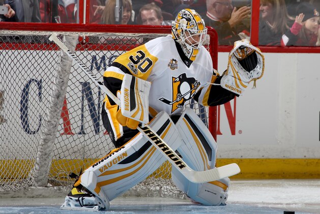 OTTAWA, ON - MAY 19:  Matt Murray #30 of the Pittsburgh Penguins warms up in goal during warm ups prior to Game Four of the Eastern Conference Final against the Ottawa Senators during the 2017 NHL Stanley Cup Playoffs at Canadian Tire Centre on May 19, 2017 in Ottawa, Canada.  (Photo by Jana Chytilova/Freestyle Photo/Getty Images)