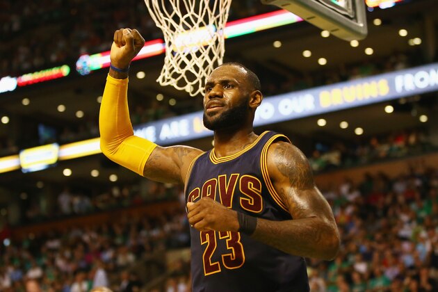 BOSTON, MA - MAY 19:  LeBron James #23 of the Cleveland Cavaliers reacts in the first half against the Boston Celtics during Game Two of the 2017 NBA Eastern Conference Finals at TD Garden on May 19, 2017 in Boston, Massachusetts. NOTE TO USER: User expressly acknowledges and agrees that, by downloading and or using this photograph, User is consenting to the terms and conditions of the Getty Images License Agreement.  (Photo by Adam Glanzman/Getty Images)