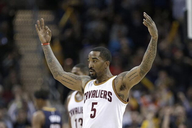 Cleveland Cavaliers’ J.R. Smith (5) reacts late in double overtime during an NBA basketball game against the Indiana Pacers, Sunday, April 2, 2017, in Cleveland. (AP Photo/Tony Dejak)