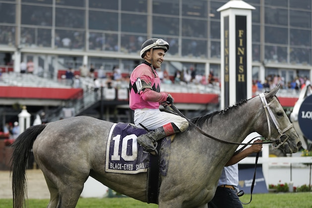 Actress with Nik Juarez atop gallops out after winning the Black-Eyed Susan horse race at Pimlico race course, Friday, May 19, 2017, in Baltimore. The 142nd Preakness Stakes horse race runs Saturday. (AP Photo/Matt Slocum)