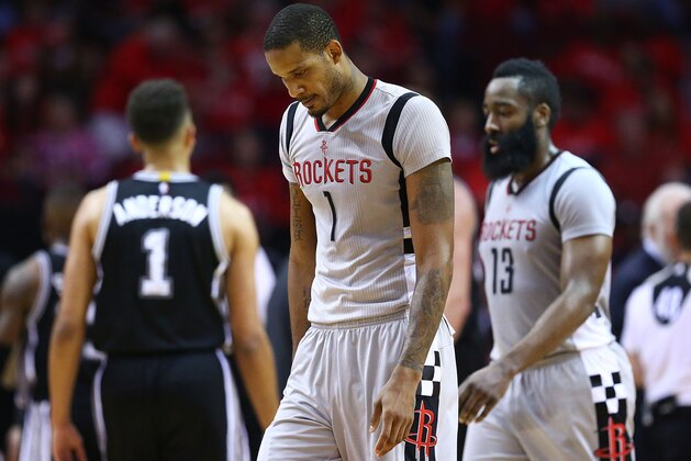 HOUSTON, TX - MAY 11:  Trevor Ariza #1 of the Houston Rockets reacts against the San Antonio Spurs during Game Six of the NBA Western Conference Semi-Finals at Toyota Center on May 11, 2017 in Houston, Texas.  NOTE TO USER: User expressly acknowledges and agrees that, by downloading and or using this photograph, User is consenting to the terms and conditions of the Getty Images License Agreement.  (Photo by Ronald Martinez/Getty Images)