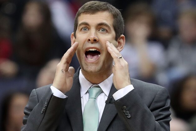 WASHINGTON, DC - MAY 12:  Brad Stevens of the Boston Celtics reacts against the Washington Wizards during Game Six of the NBA Eastern Conference Semi-Finals at Verizon Center on May 12, 2017 in Washington, DC.  NOTE TO USER: User expressly acknowledges and agrees that, by downloading and or using this photograph, User is consenting to the terms and conditions of the Getty Images License Agreement.  (Photo by Rob Carr/Getty Images)