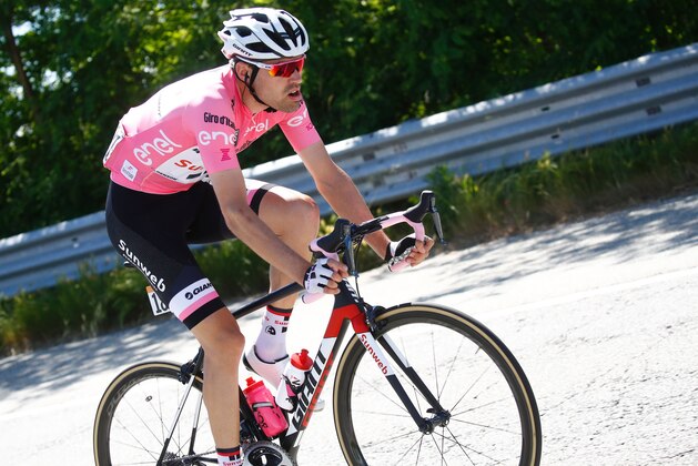 Pink Jersey, Netherlands' Tom Dumoulin of team Sunweb rides during the 14th stage of the 100th Giro d'Italia, Tour of Italy, cycling race from Castellania to Oropa on May 20, 2017.  / AFP PHOTO / Luk BENIES        (Photo credit should read LUK BENIES/AFP/Getty Images)