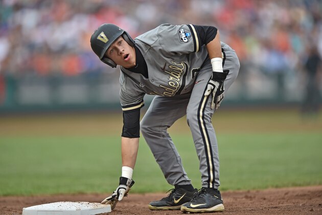Omaha, NE - JUNE 23:  Base runner Jeren Kendall #3 of the Vanderbilt Commodores reacts after getting picked off of first base against the Virginia Cavaliers in the second inning during game two of the College World Series Championship Series on June 23, 2015 at TD Ameritrade Park in Omaha, Nebraska.  (Photo by Peter Aiken/Getty Images)