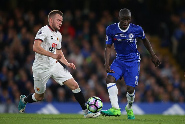 LONDON, ENGLAND - MAY 15: Tom Cleverley of Watford and N'golo Kante of Chelsea during the Premier League match between Chelsea and Watford at Stamford Bridge on May 15, 2017 in London, England. (Photo by Catherine Ivill - AMA/Getty Images)