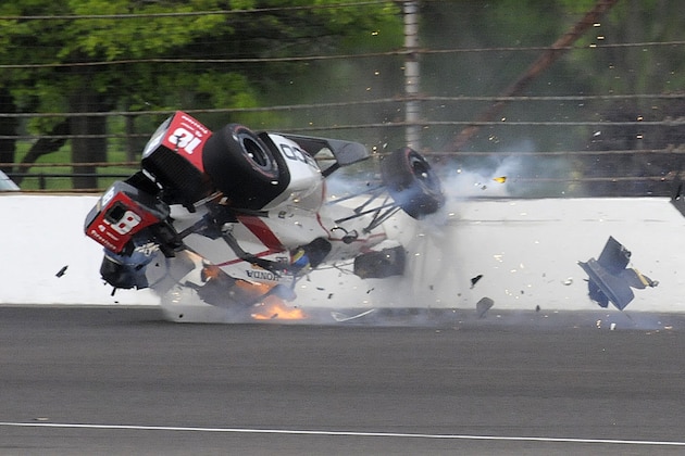 The car driven by Sebastien Bourdais, of France, impacts the wall in the second turn during qualifications for the Indianapolis 500 IndyCar auto race at Indianapolis Motor Speedway, Saturday, May 20, 2017 in Indianapolis. (AP Photo/Greg Huey)