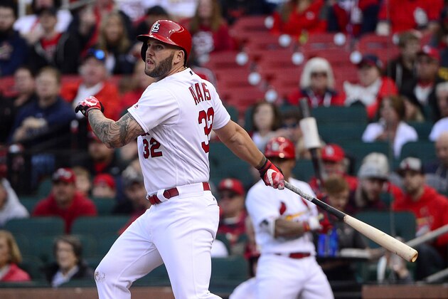 Apr 27, 2017; St. Louis , MO, USA; St. Louis Cardinals first baseman Matt Adams (32) hits a RBI double off of Toronto Blue Jays starting pitcher Casey Lawrence (not pictured) during the first inning at Busch Stadium. Mandatory Credit: Jeff Curry-USA TODAY Sports