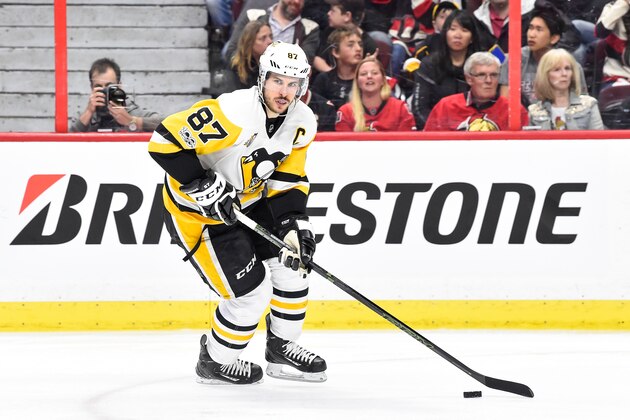 OTTAWA, ON - MAY 19:  Sidney Crosby #87 of the Pittsburgh Penguins skates the puck against the Ottawa Senators in Game Four of the Eastern Conference Final during the 2017 NHL Stanley Cup Playoffs at Canadian Tire Centre on May 19, 2017 in Ottawa, Ontario, Canada.  The Pittsburgh Penguins defeated the Ottawa Senators 3-2.  (Photo by Minas Panagiotakis/Getty Images)
