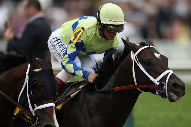 BALTIMORE, MD - MAY 20:  Always Dreaming #4 ridden by John Velazquez leads the field into the first turn  in the 142nd running of the Preakness Stakes at Pimlico Race Course on May 20, 2017 in Baltimore, Maryland.  (Photo by Patrick Smith/Getty Images)