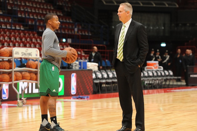 MILAN - OCTOBER 6: Isiah Thomas and President of Basketball Operations, Danny Ainge of the Boston Celtics warm up prior to the start of the game against Emporio Armani Milano as part of the 2015 Global Games on October 6, 2015 at the Mediolanum Forum, Arena Sala Premium in Milan, Italy. NOTE TO USER: User expressly acknowledges and agrees that, by downloading and or using this photograph, User is consenting to the terms and conditions of the Getty Images License Agreement. Mandatory Copyright Notice: Copyright 2015 NBAE (Photo by Garrett Ellwood/NBAE via Getty Images)
