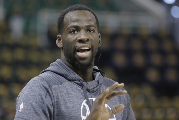 Golden State Warriors forward Draymond Green looks on during practice before the start of Game 4 of the NBA basketball second-round playoff series against the Utah Jazz Monday, May 8, 2017, in Salt Lake City. (AP Photo/Rick Bowmer)