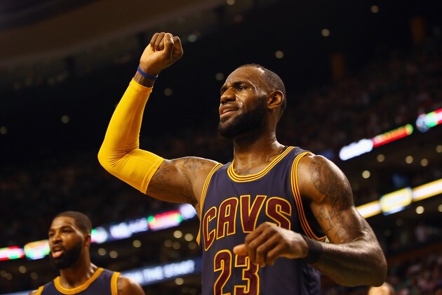 BOSTON, MA - MAY 19:  LeBron James #23 of the Cleveland Cavaliers reacts in the first half against the Boston Celtics during Game Two of the 2017 NBA Eastern Conference Finals at TD Garden on May 19, 2017 in Boston, Massachusetts. NOTE TO USER: User expressly acknowledges and agrees that, by downloading and or using this photograph, User is consenting to the terms and conditions of the Getty Images License Agreement.  (Photo by Adam Glanzman/Getty Images)